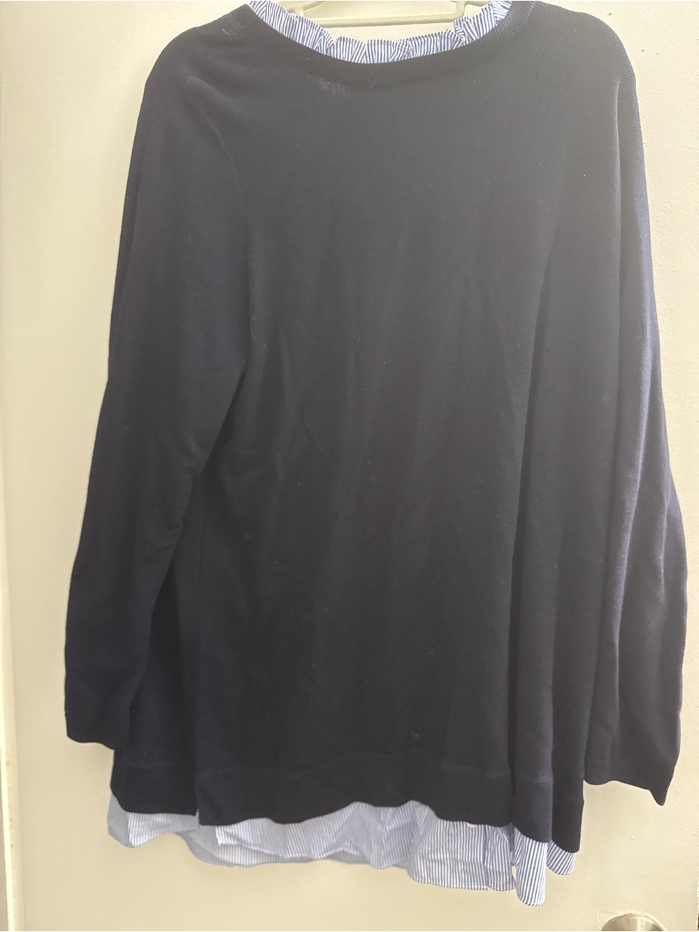 Talbots Plus Navy Sweater with Blue and White Striped Shirt Trim